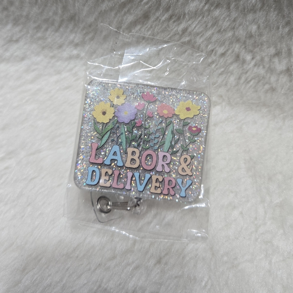 Boutique Labor & Delivery Pastel Floral Sparkly Occupation Badge Reel NIP